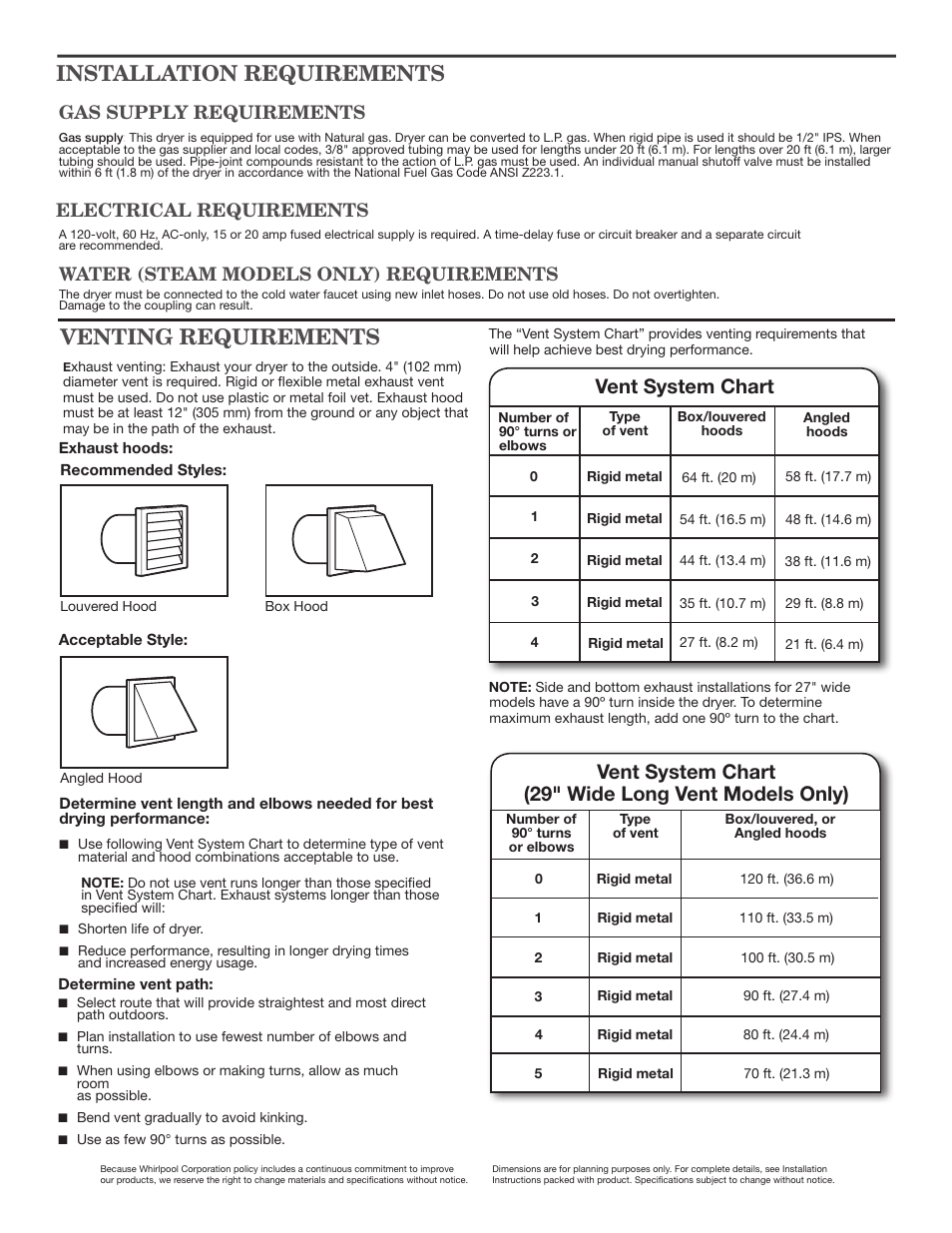Venting requirements, Installation requirements, Vent system chart | Vent system chart (29" wide long vent models only), Electrical requirements, Gas supply requirements, Water (steam models only) requirements | Maytag WGD4800XQ Dimension Guide User Manual | Page 2 / 2