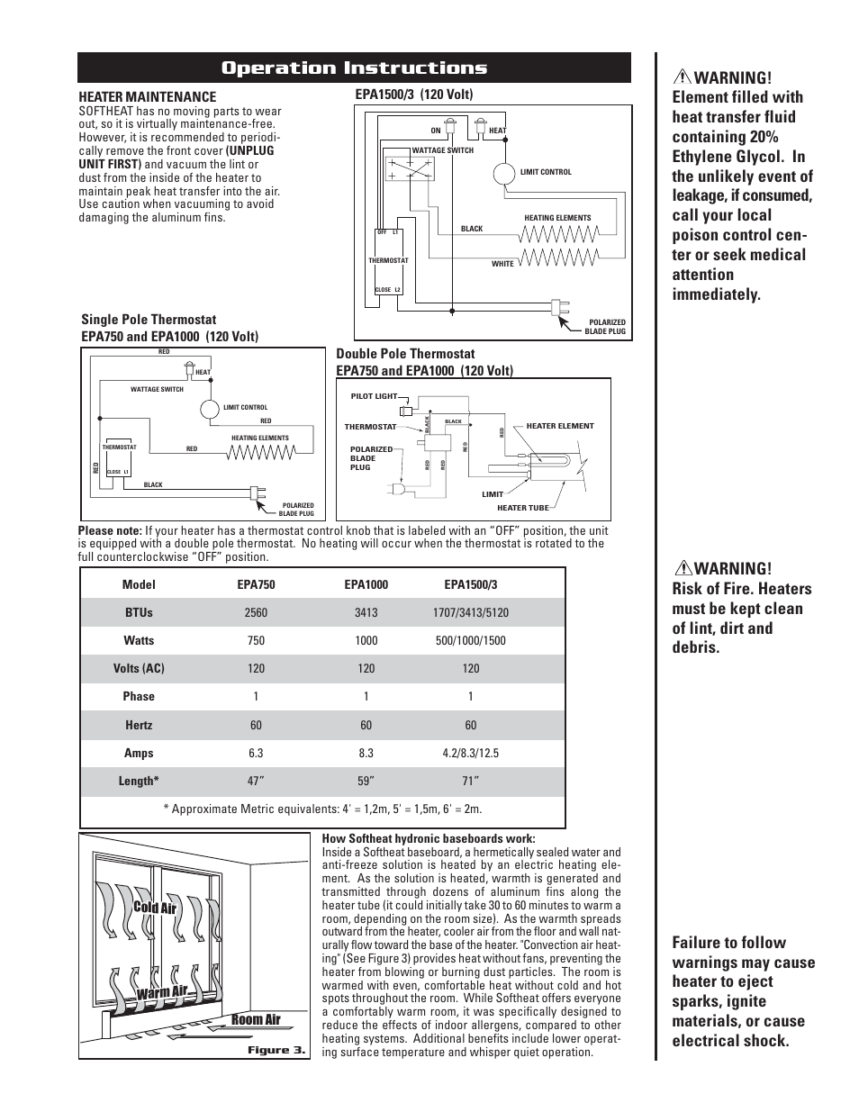 Operation instructions, Heater maintenance | Cadet EPA750 User Manual | Page 3 / 8