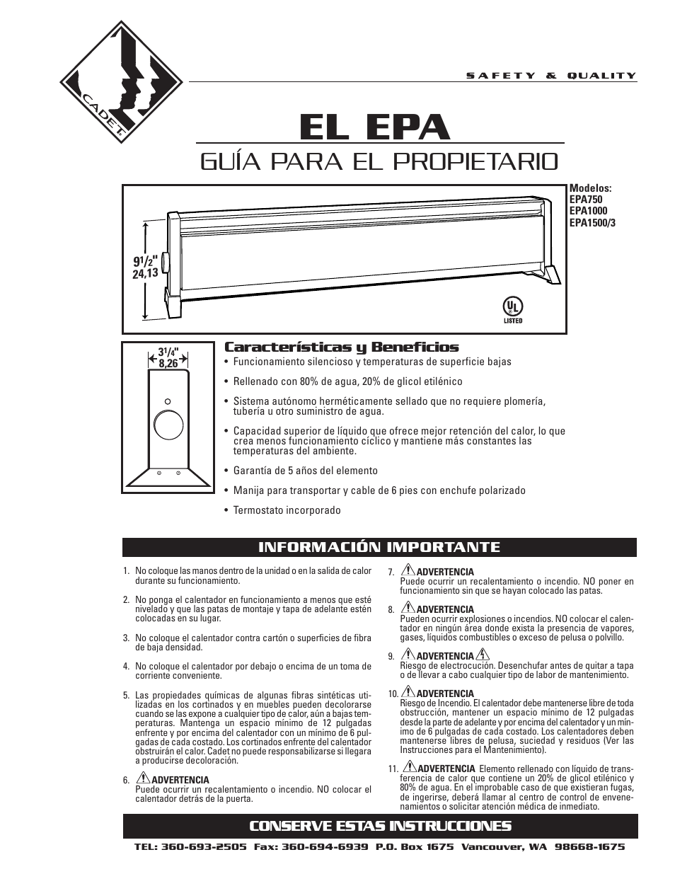 El epa, Guía para el propietario, Características y beneficios | Información importante, Conserve estas instrucciones | Cadet EPA750 User Manual | Page 5 / 8