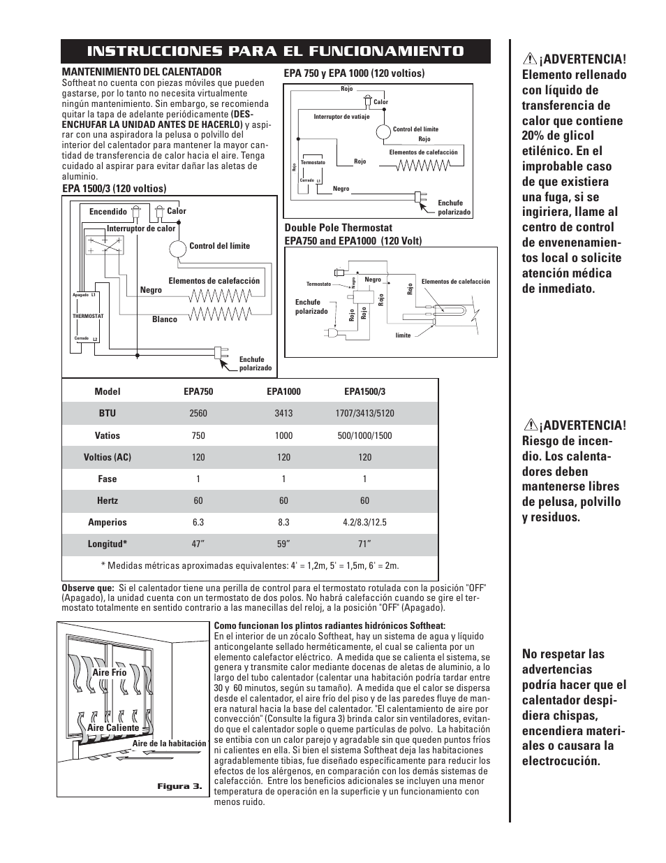 Instrucciones para el funcionamiento, Mantenimiento del calentador | Cadet EPA750 User Manual | Page 7 / 8