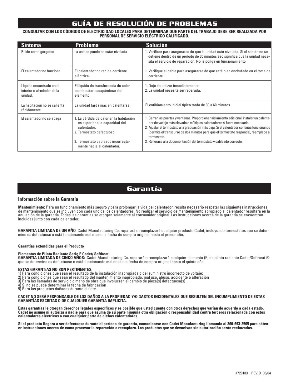 Garantía, Guía de resolución de problemas, Síntoma problema solución | Cadet EPA750 User Manual | Page 8 / 8