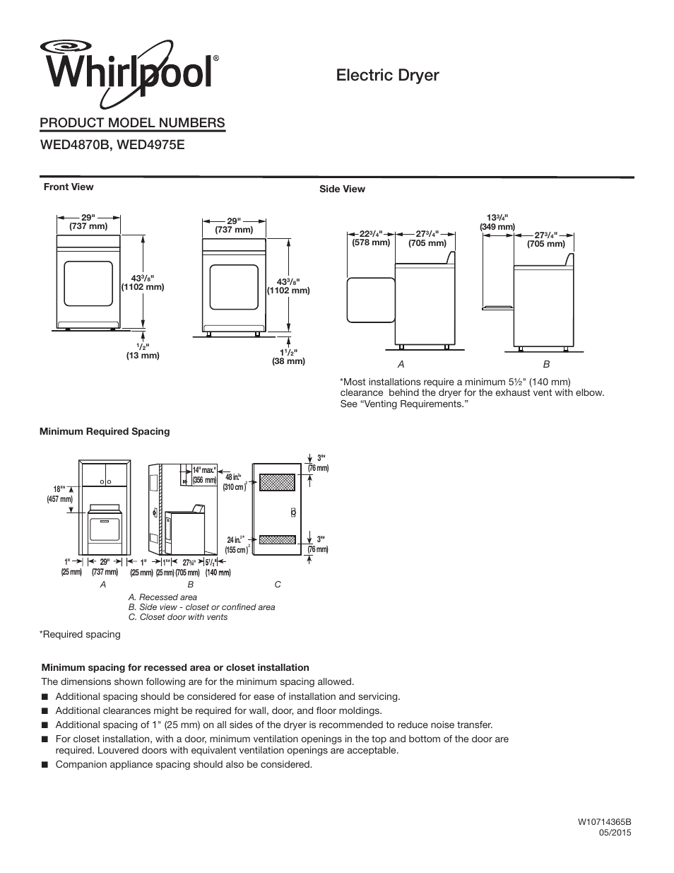 Maytag WED4870BW Dimension Guide User Manual | 2 pages