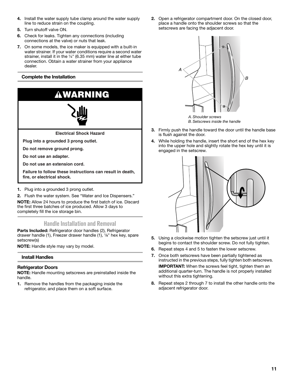 Warning, Handle installation and removal | Maytag MFX2876DRM User Manual | Page 11 / 100