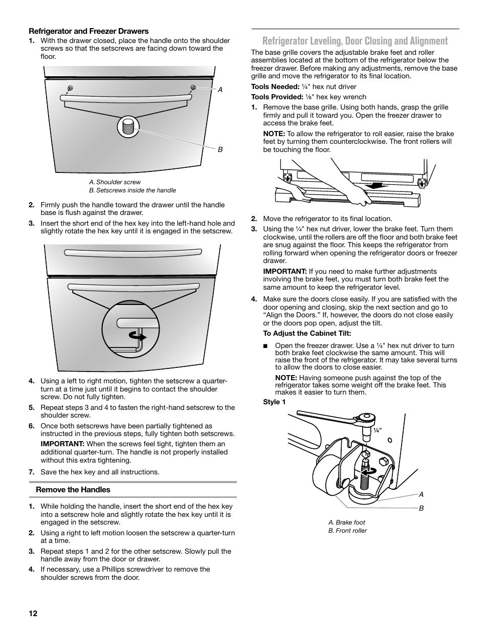 Refrigerator leveling, door closing and alignment | Maytag MFX2876DRM User Manual | Page 12 / 100