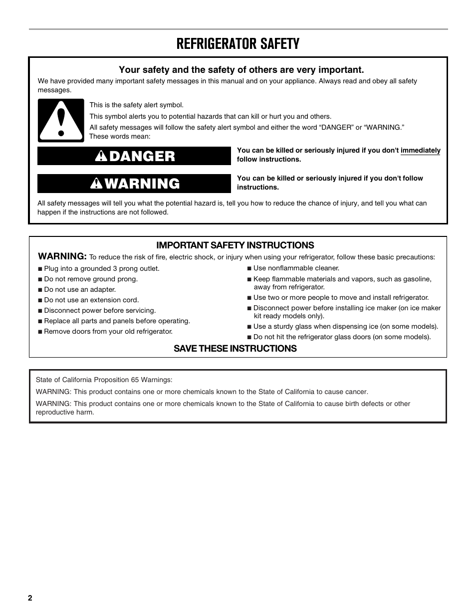 Refrigerator safety, Danger warning, Important safety instructions warning | Save these instructions | Maytag MFX2876DRM User Manual | Page 2 / 100