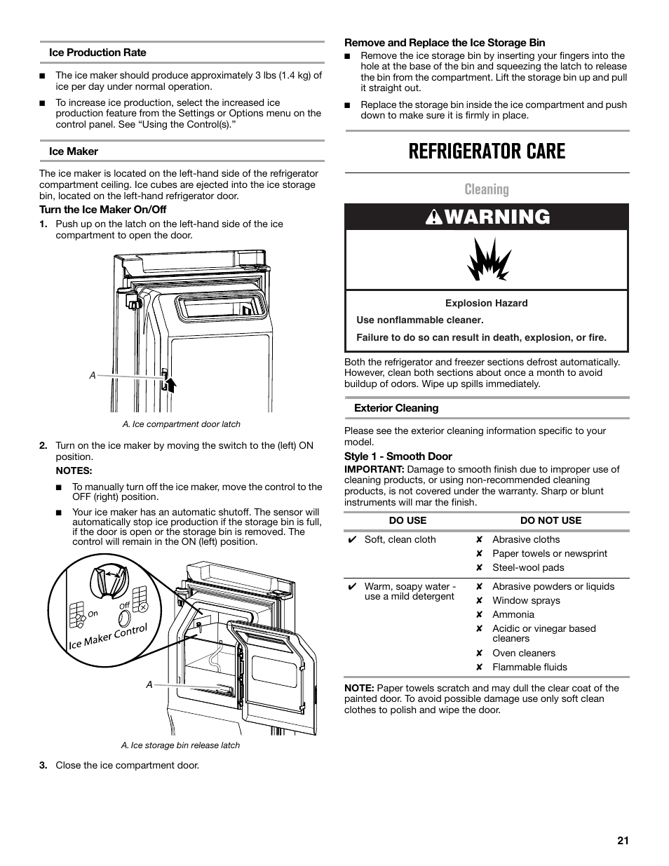 Refrigerator care, Warning, Cleaning | Maytag MFX2876DRM User Manual | Page 21 / 100