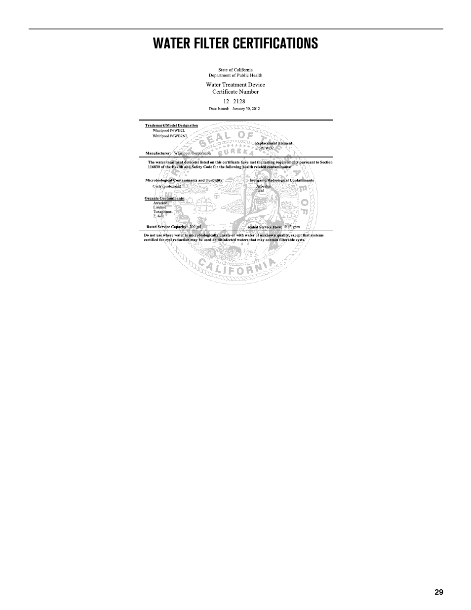 Water filter certifications | Maytag MFX2876DRM User Manual | Page 29 / 100