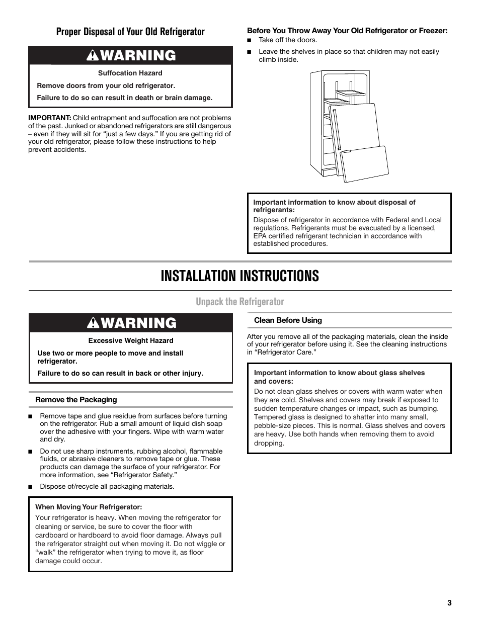 Installation instructions, Warning, Proper disposal of your old refrigerator | Unpack the refrigerator | Maytag MFX2876DRM User Manual | Page 3 / 100
