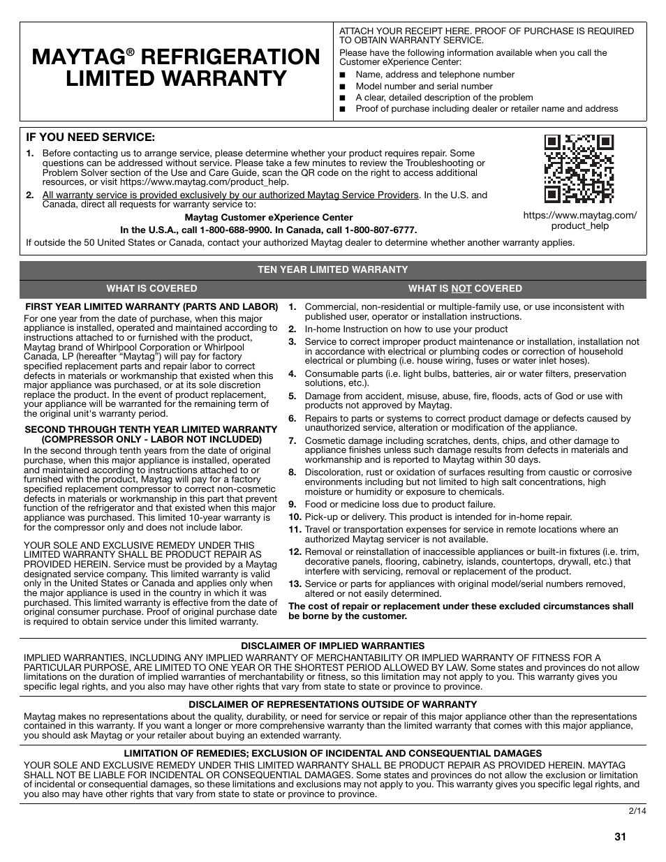 Maytag, Refrigeration limited warranty | Maytag MFX2876DRM User Manual | Page 31 / 100