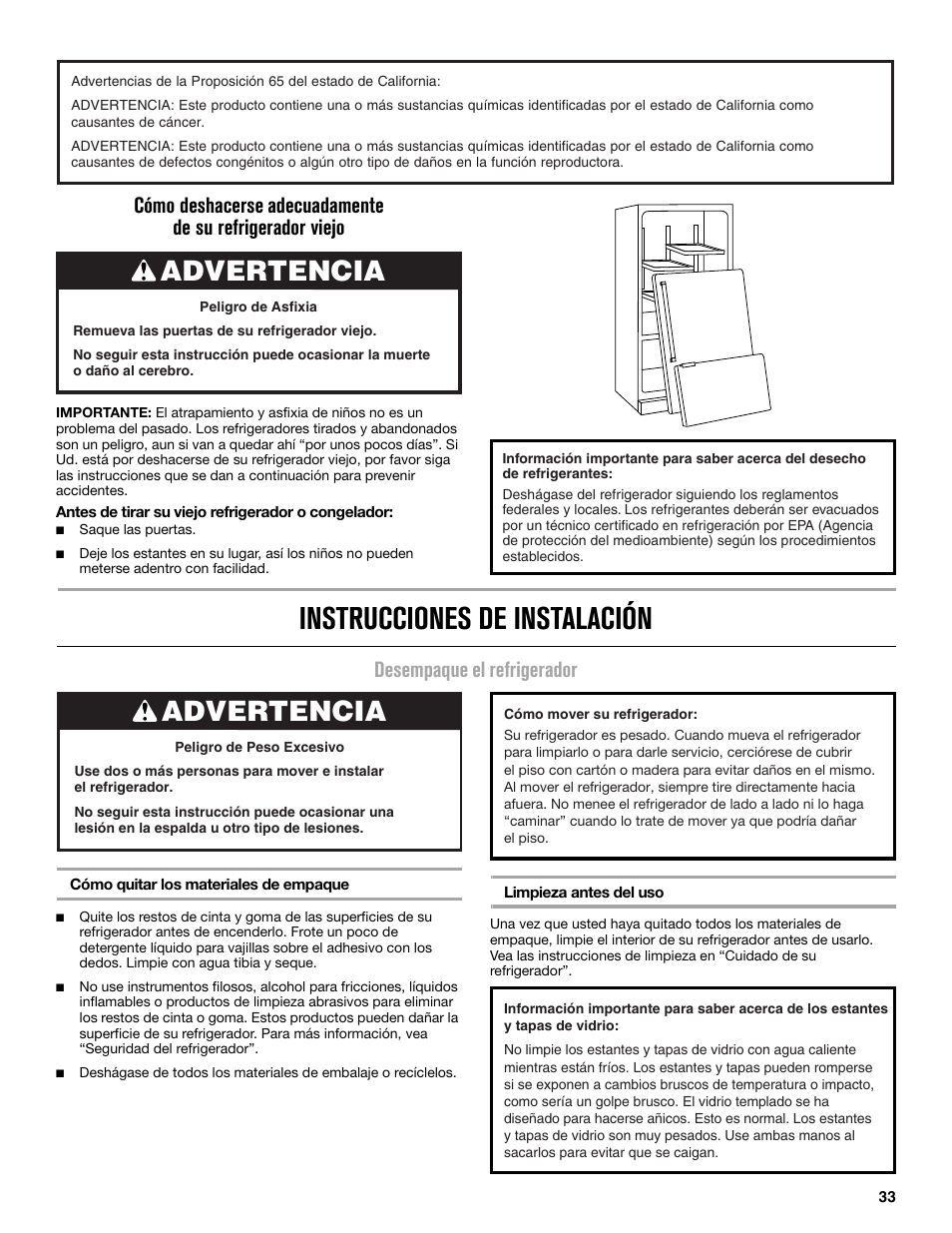 Instrucciones de instalación, Advertencia, Desempaque el refrigerador | Maytag MFX2876DRM User Manual | Page 33 / 100