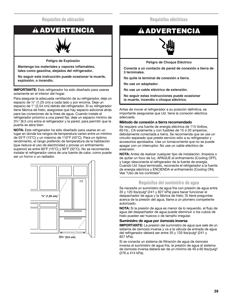 Advertencia, Requisitos de ubicación, Requisitos eléctricos | Requisitos del suministro de agua | Maytag MFX2876DRM User Manual | Page 39 / 100
