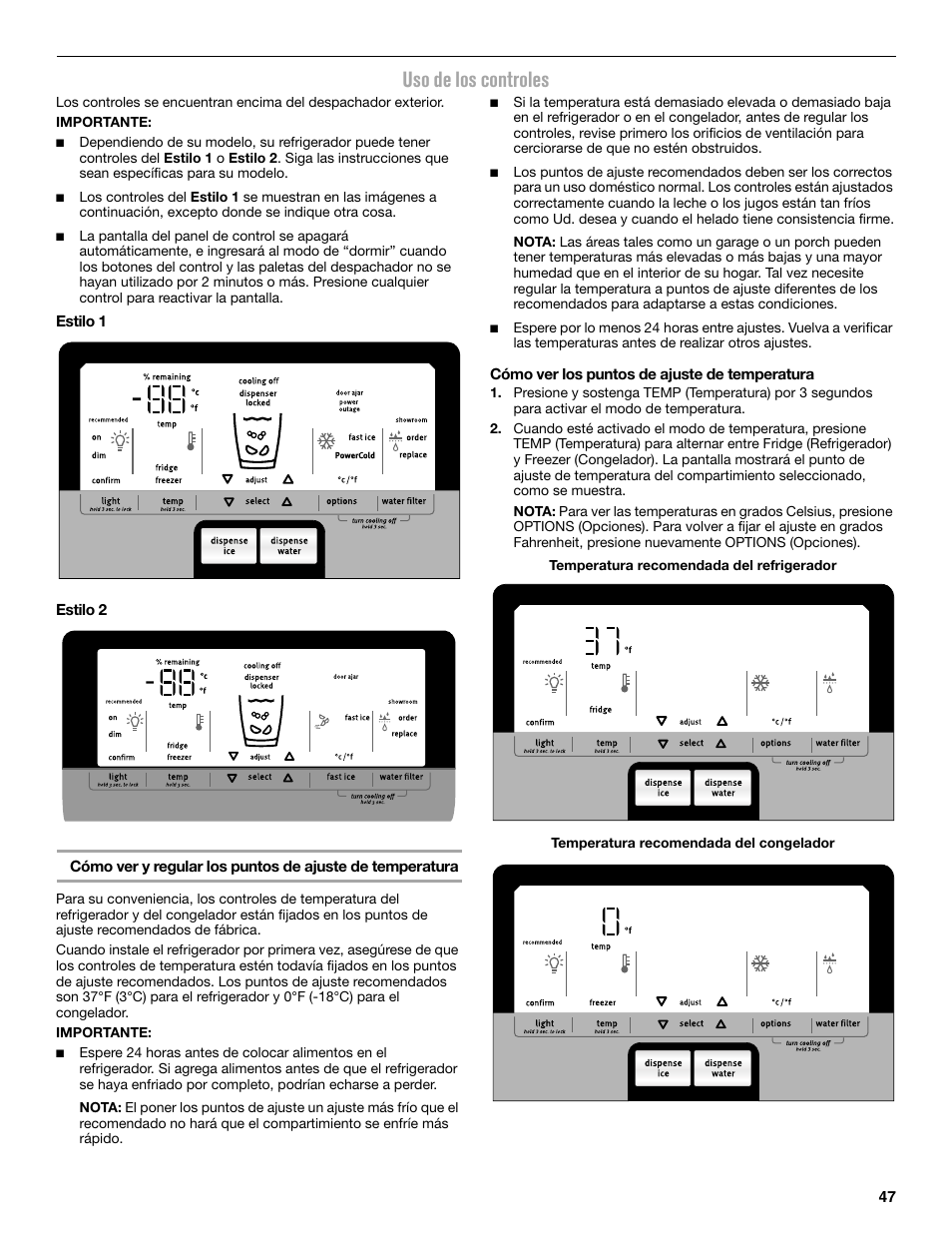 Uso de los controles | Maytag MFX2876DRM User Manual | Page 47 / 100
