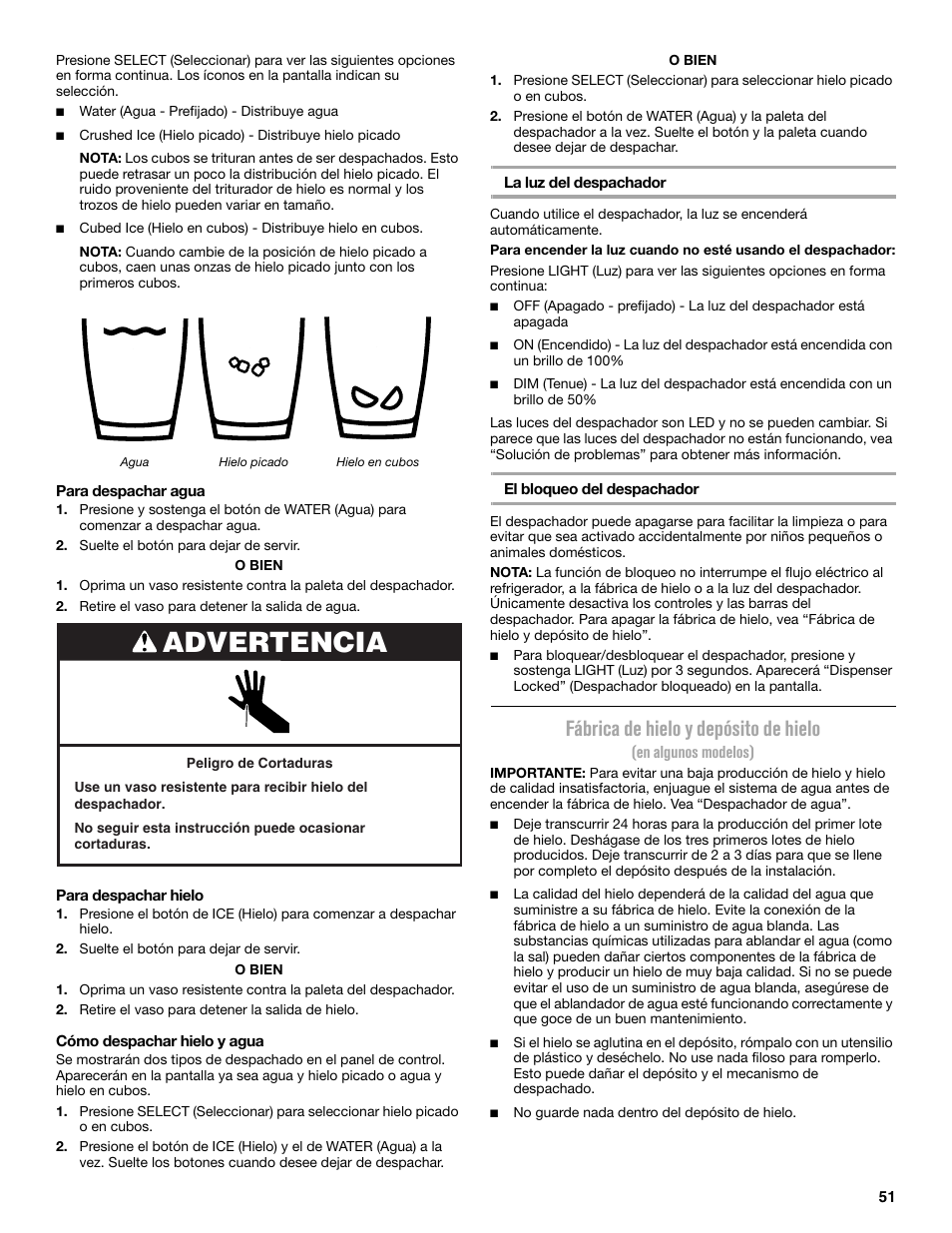 Advertencia, Fábrica de hielo y depósito de hielo | Maytag MFX2876DRM User Manual | Page 51 / 100