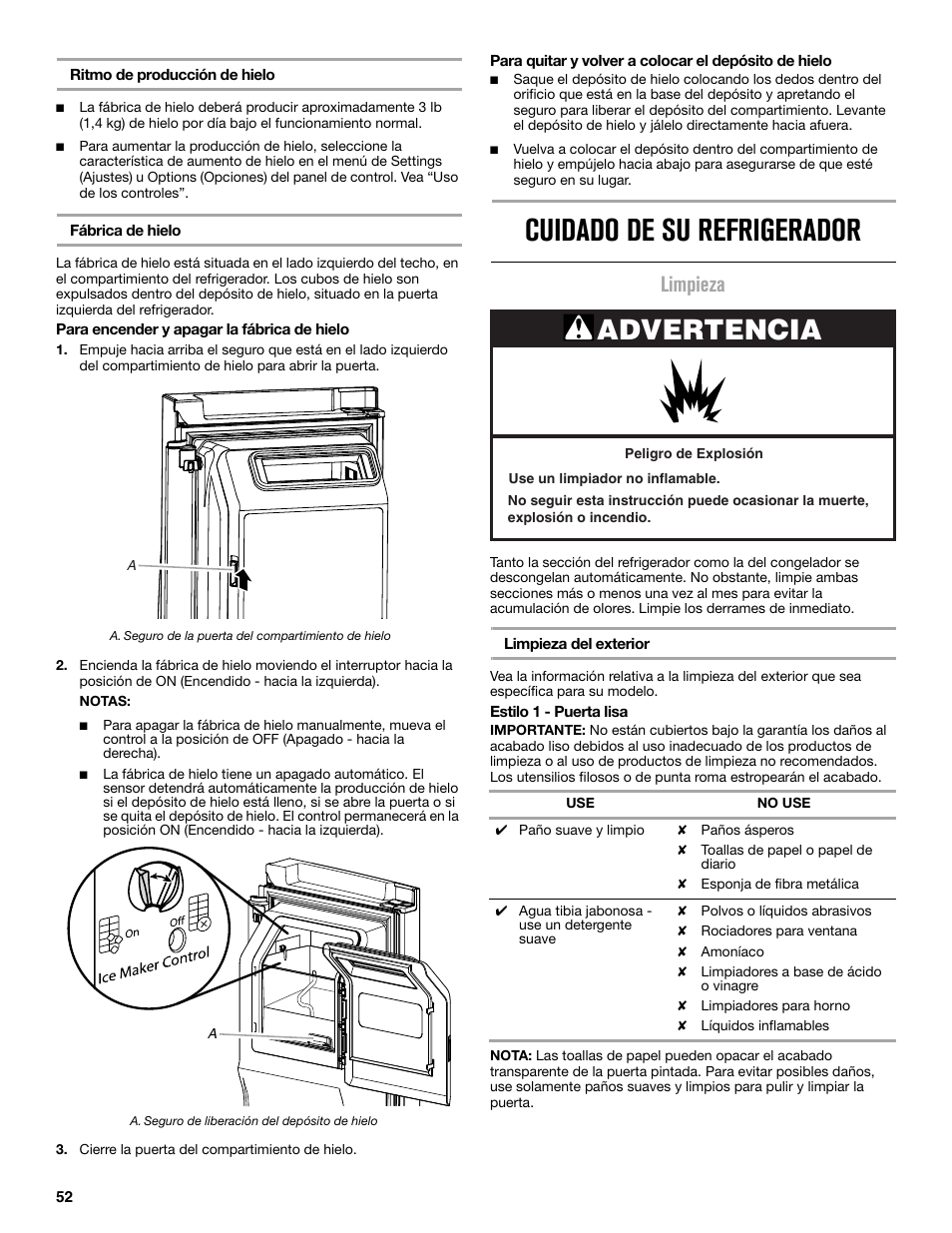 Cuidado de su refrigerador, Advertencia, Limpieza | Maytag MFX2876DRM User Manual | Page 52 / 100