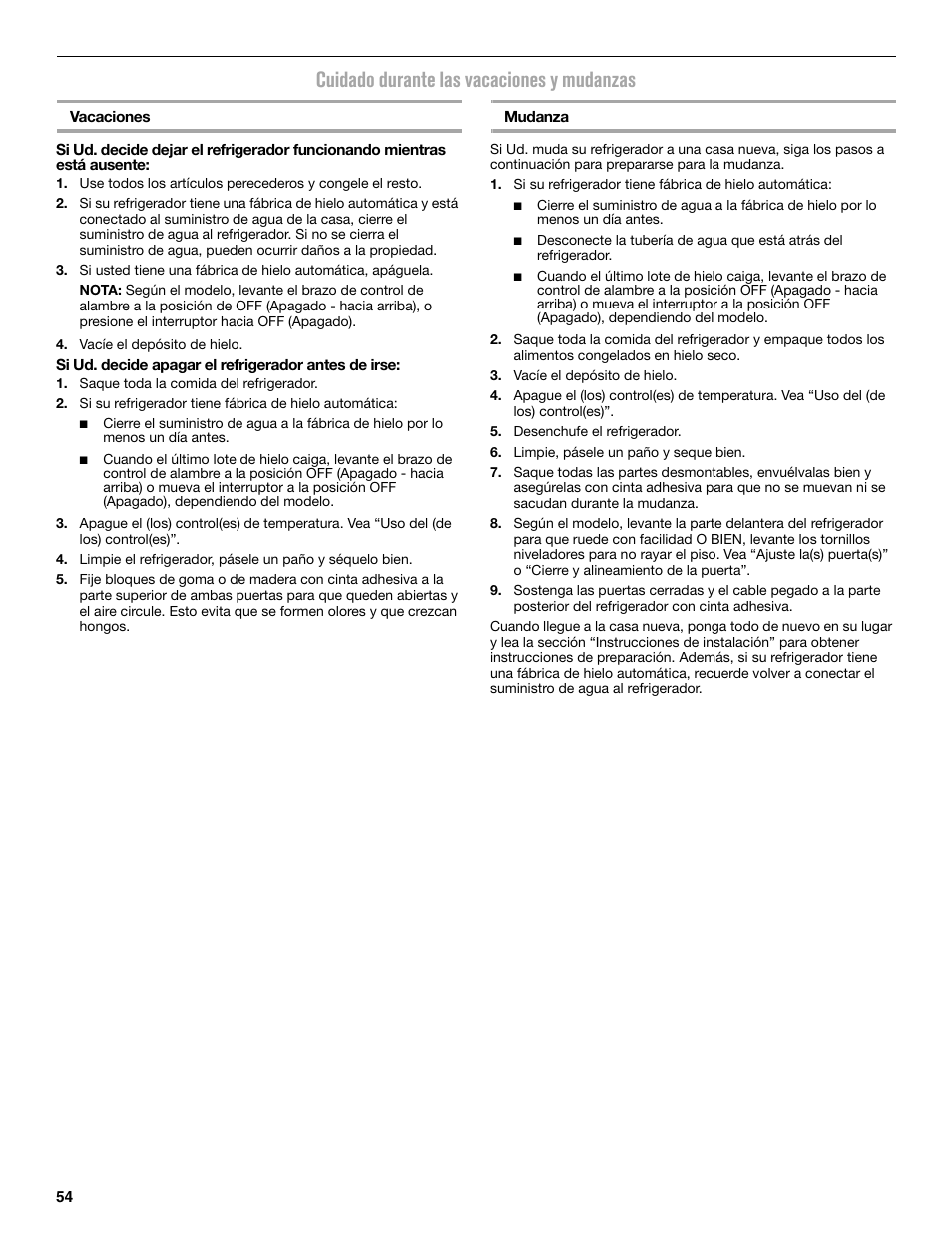 Cuidado durante las vacaciones y mudanzas | Maytag MFX2876DRM User Manual | Page 54 / 100
