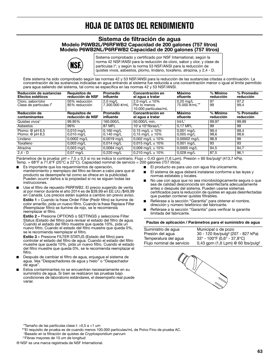 Hoja de datos del rendimiento, Sistema de filtración de agua | Maytag MFX2876DRM User Manual | Page 63 / 100