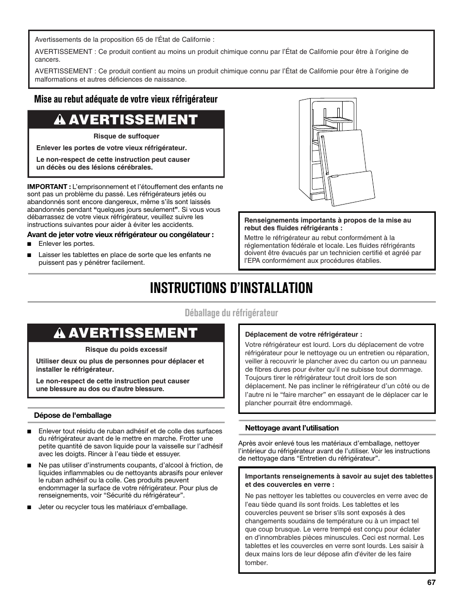 Instructions d’installation, Avertissement, Déballage du réfrigérateur | Maytag MFX2876DRM User Manual | Page 67 / 100