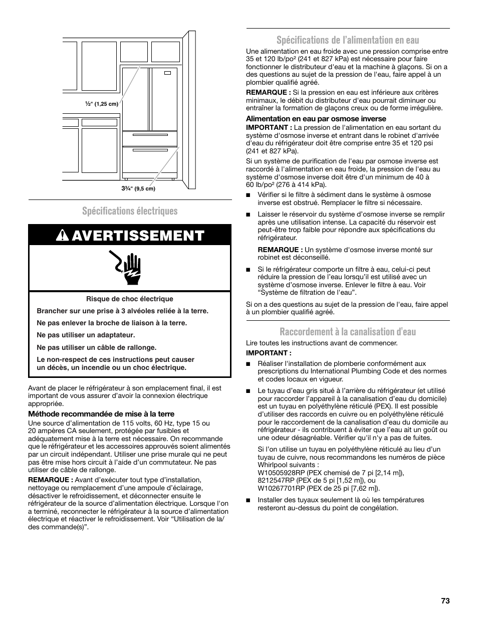 Avertissement, Spécifications électriques, Spécifications de l’alimentation en eau | Raccordement à la canalisation d'eau | Maytag MFX2876DRM User Manual | Page 73 / 100