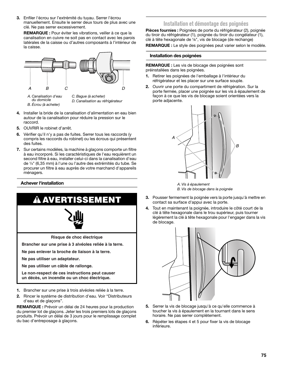 Avertissement, Installation et démontage des poignées | Maytag MFX2876DRM User Manual | Page 75 / 100