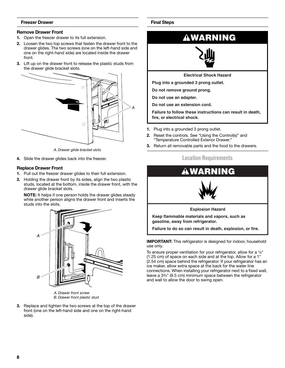 Warning, Location requirements | Maytag MFX2876DRM User Manual | Page 8 / 100