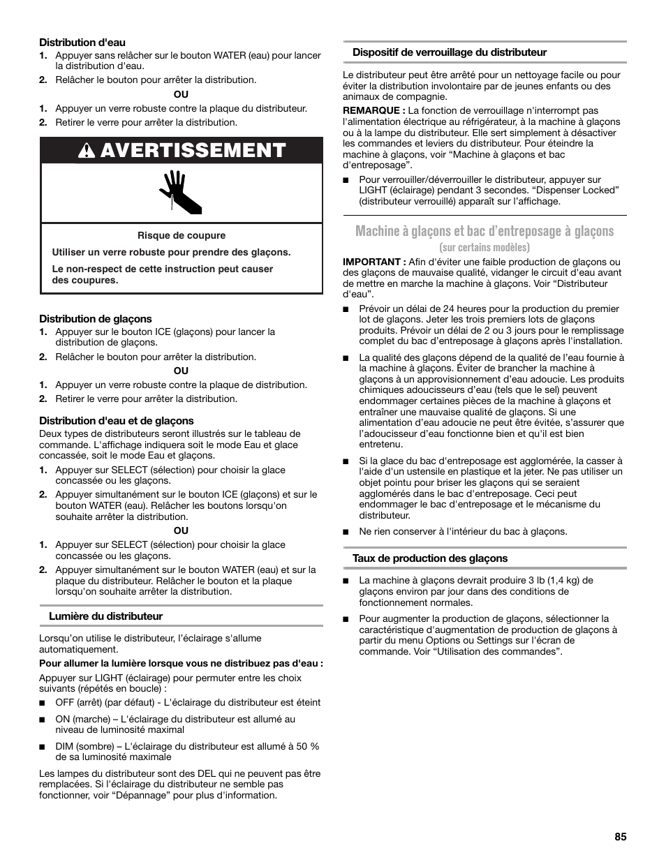 Avertissement, Machine à glaçons et bac d’entreposage à glaçons | Maytag MFX2876DRM User Manual | Page 85 / 100