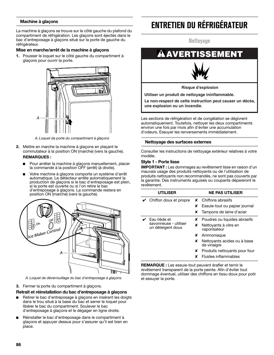 Entretien du réfrigérateur, Avertissement, Nettoyage | Maytag MFX2876DRM User Manual | Page 86 / 100