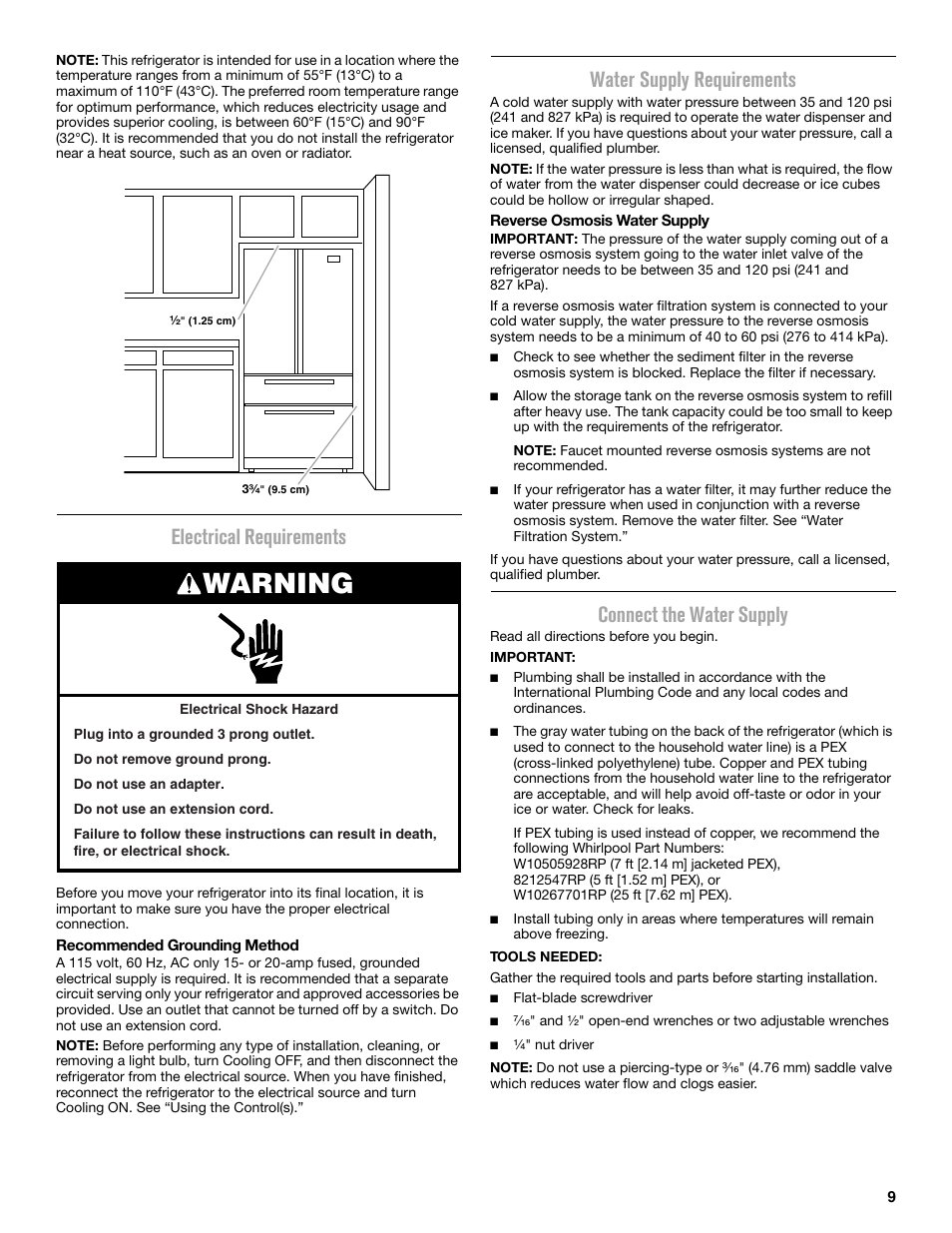 Warning, Electrical requirements, Water supply requirements | Connect the water supply | Maytag MFX2876DRM User Manual | Page 9 / 100