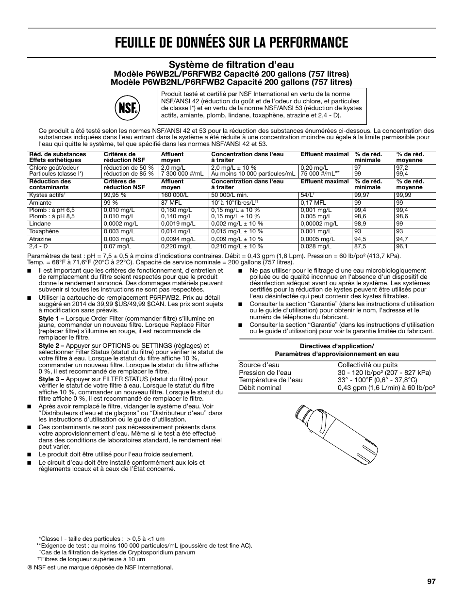 Feuille de données sur la performance, Système de filtration d’eau | Maytag MFX2876DRM User Manual | Page 97 / 100