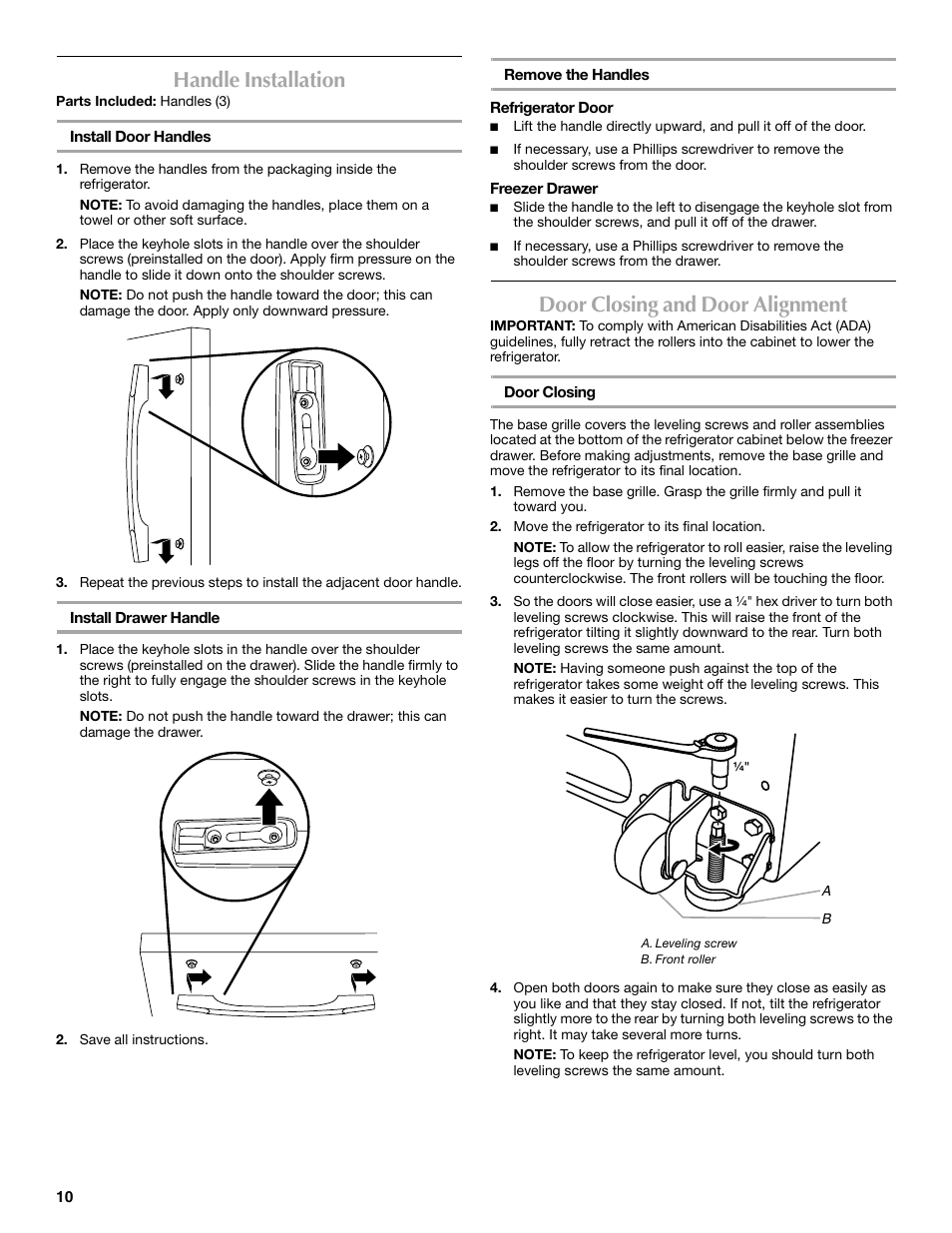 Handle installation, Door closing and door alignment | Maytag MFF2055DRM User Manual | Page 10 / 88