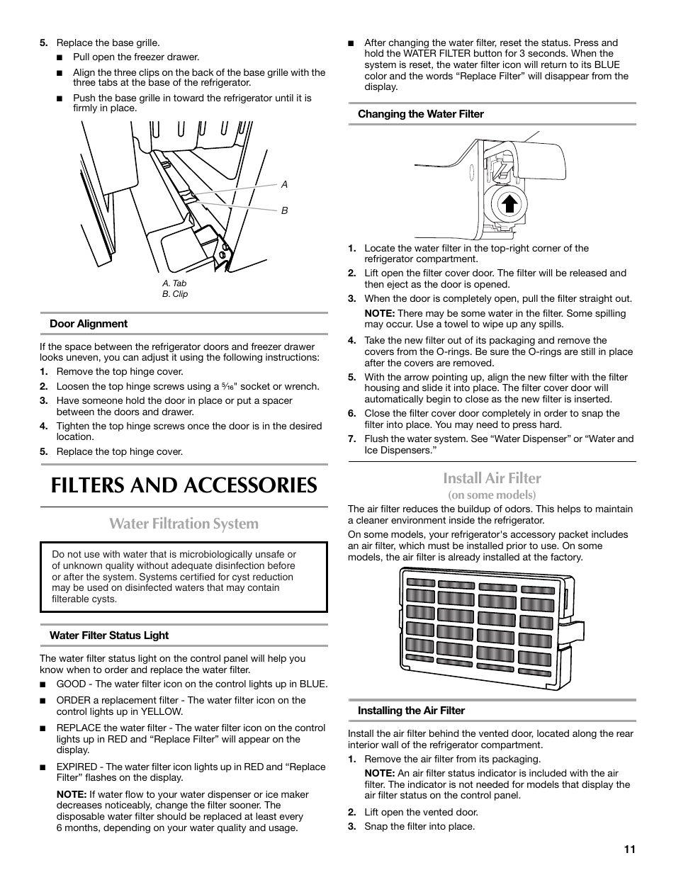 Filters and accessories, Water filtration system, Install air filter | Maytag MFF2055DRM User Manual | Page 11 / 88