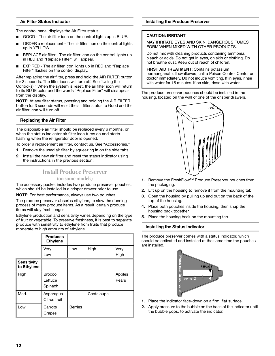 Install produce preserver, On some models), 12 air filter status indicator | Replacing the air filter, Installing the produce preserver, Installing the status indicator | Maytag MFF2055DRM User Manual | Page 12 / 88