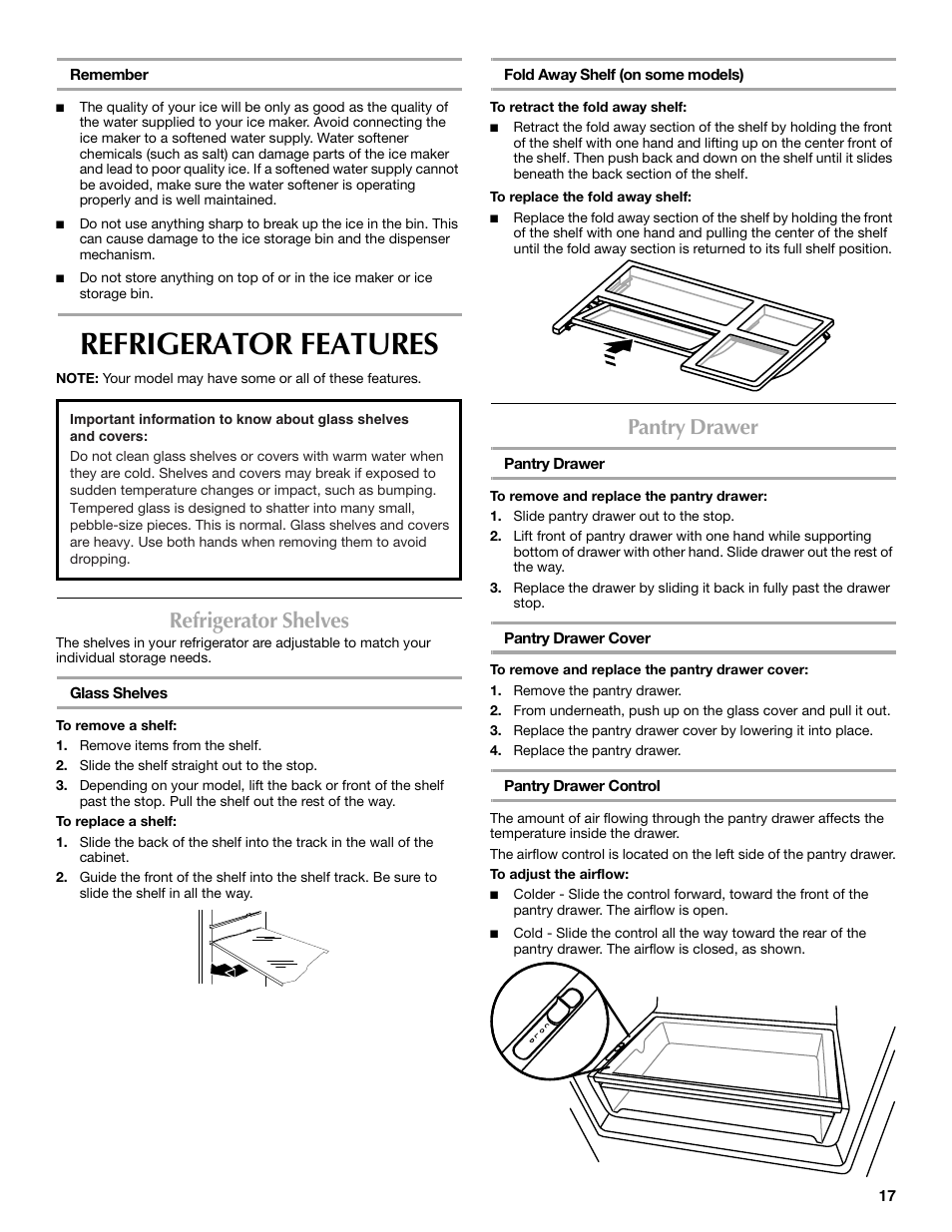 Refrigerator features, Refrigerator shelves, Pantry drawer | Maytag MFF2055DRM User Manual | Page 17 / 88