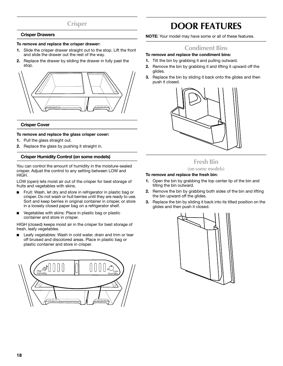 Door features, Crisper, Condiment bins | Fresh bin | Maytag MFF2055DRM User Manual | Page 18 / 88