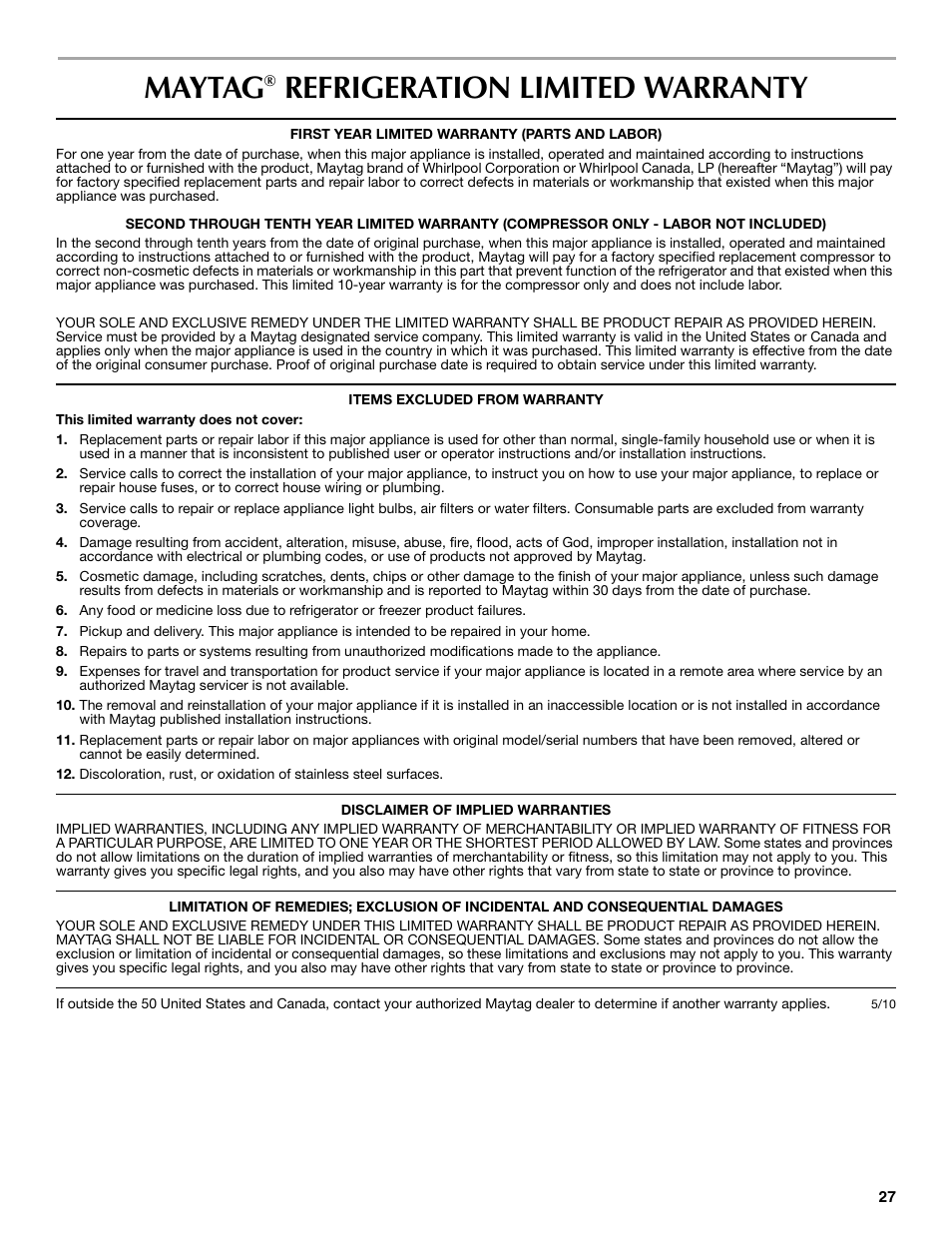 Maytag, Refrigeration limited warranty | Maytag MFF2055DRM User Manual | Page 27 / 88