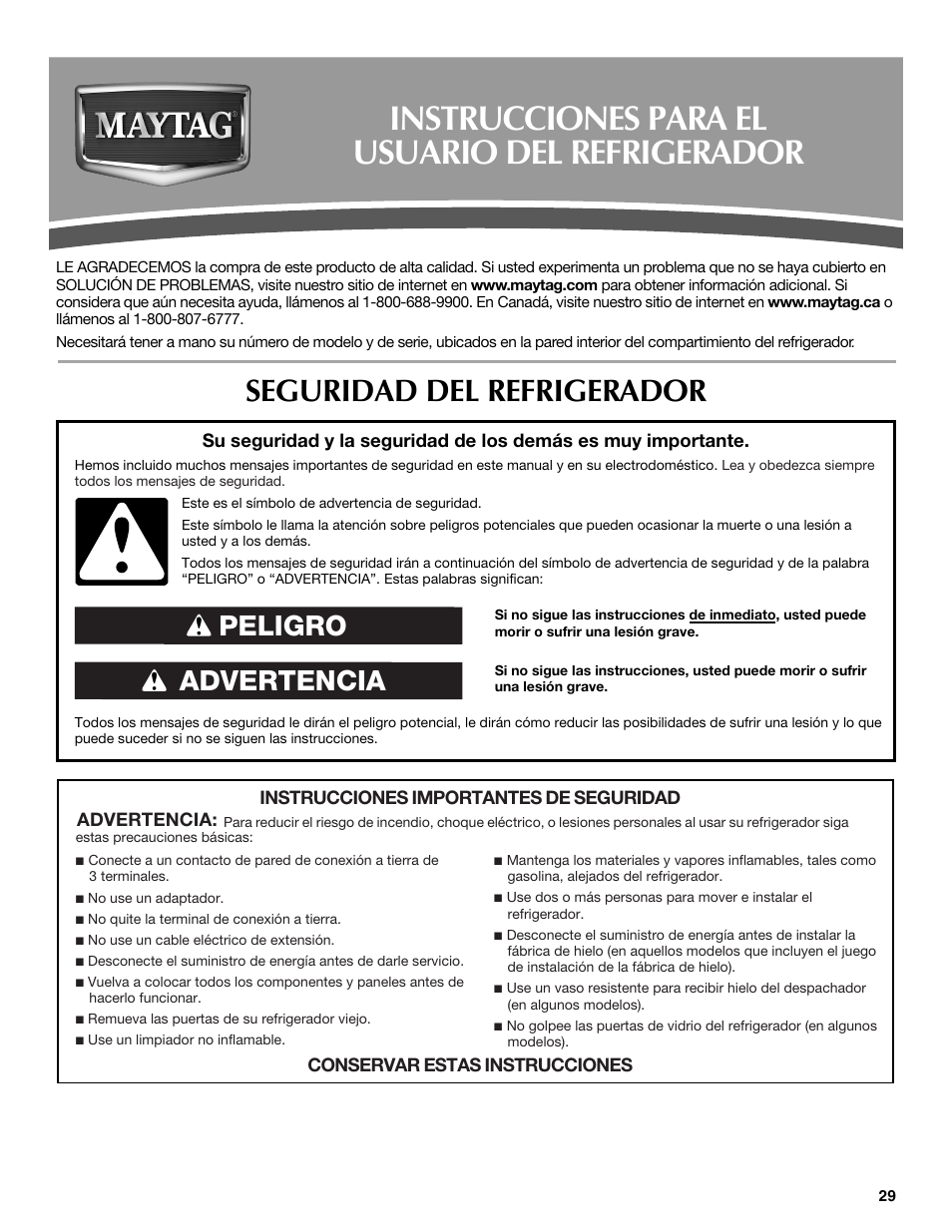 Instrucciones para el usuario del refrigerador, Seguridad del refrigerador, Advertencia peligro | Maytag MFF2055DRM User Manual | Page 29 / 88