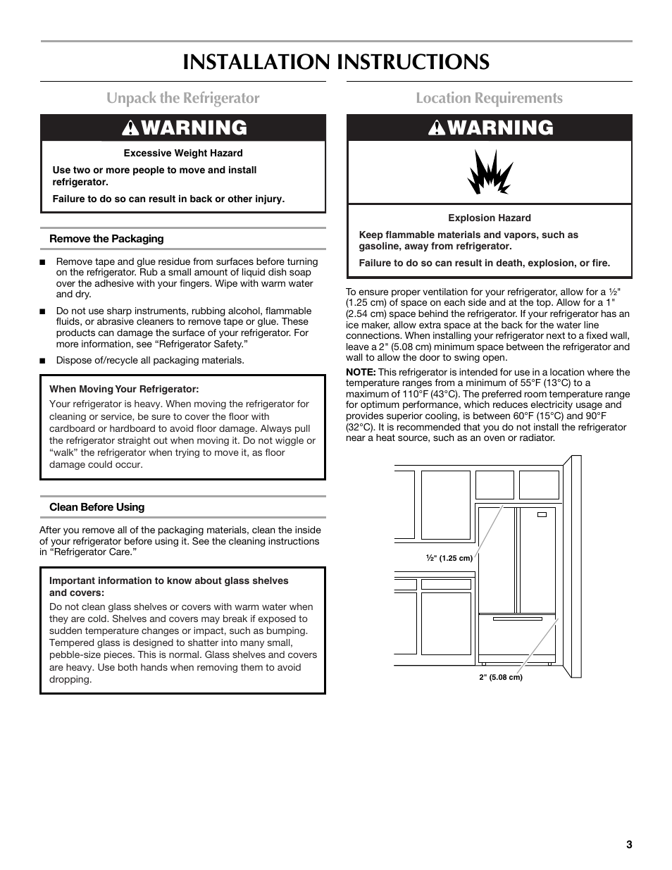 Installation instructions, Warning, Unpack the refrigerator | Location requirements | Maytag MFF2055DRM User Manual | Page 3 / 88