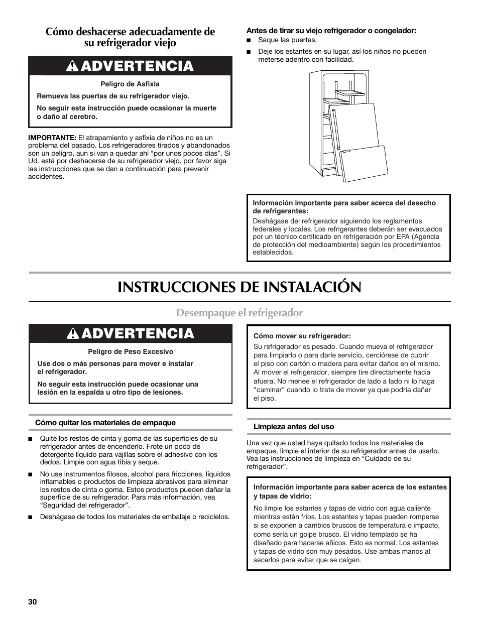 Instrucciones de instalación, Advertencia, Desempaque el refrigerador | Maytag MFF2055DRM User Manual | Page 30 / 88