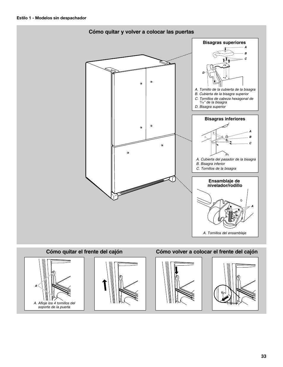 Cómo quitar el frente del cajón, Cómo volver a colocar el frente del cajón, Cómo quitar y volver a colocar las puertas | Maytag MFF2055DRM User Manual | Page 33 / 88