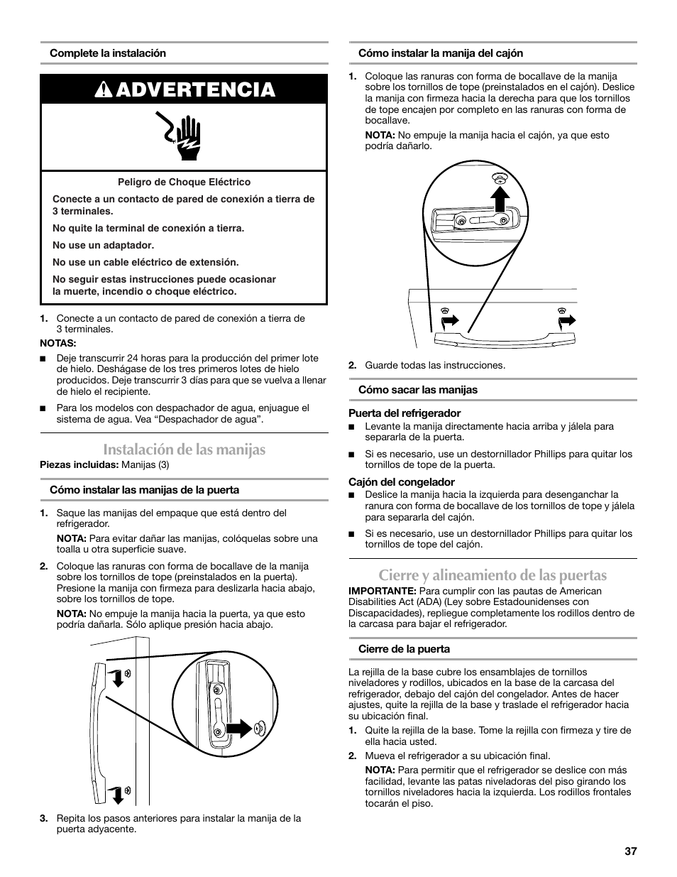 Advertencia, Instalación de las manijas, Cierre y alineamiento de las puertas | Maytag MFF2055DRM User Manual | Page 37 / 88