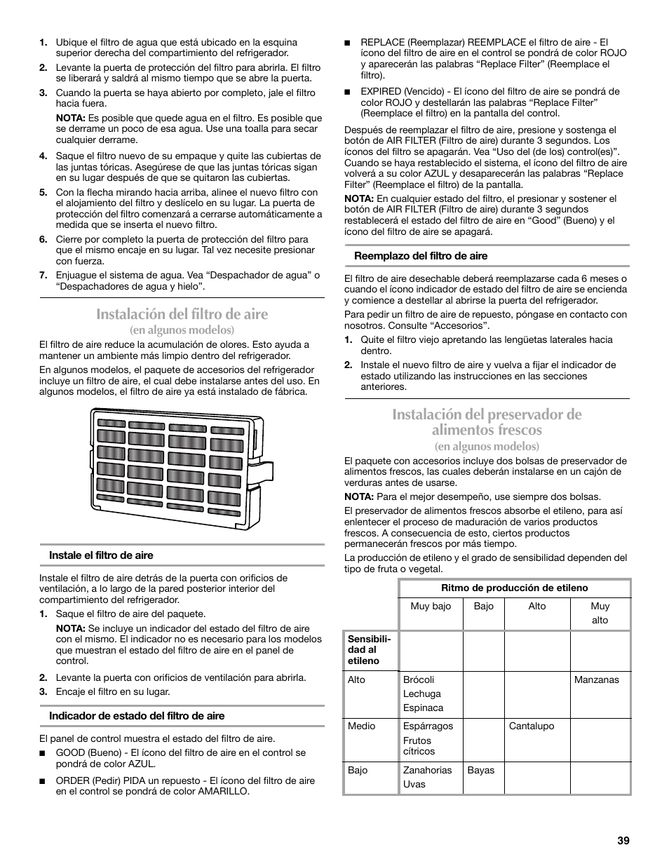 Instalación del filtro de aire, Instalación del preservador de alimentos frescos | Maytag MFF2055DRM User Manual | Page 39 / 88