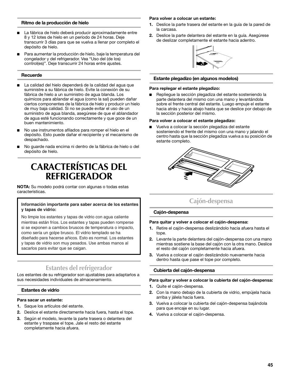 Características del refrigerador, Estantes del refrigerador, Cajón-despensa | Maytag MFF2055DRM User Manual | Page 45 / 88