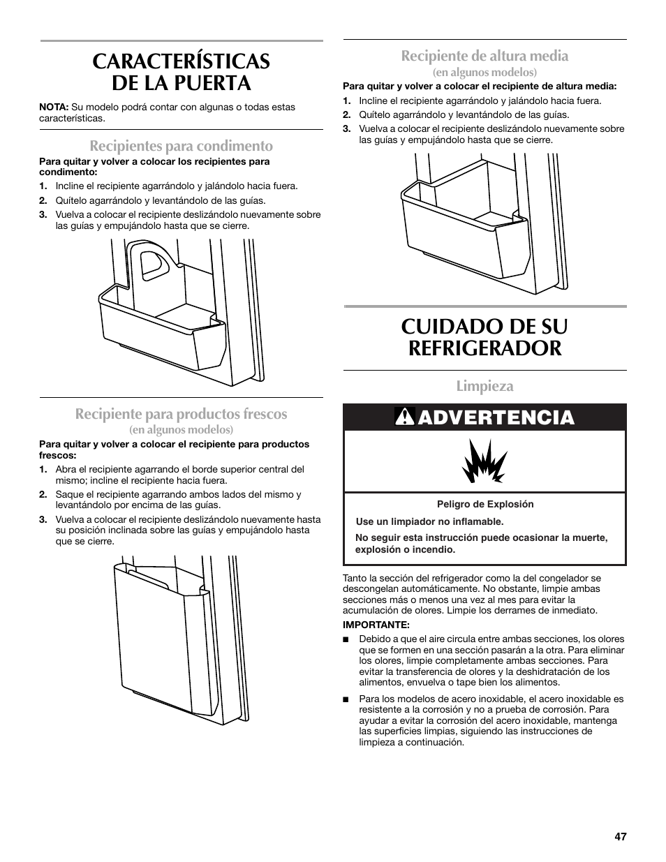 Características de la puerta, Cuidado de su refrigerador, Advertencia | Recipientes para condimento, Recipiente para productos frescos, Recipiente de altura media, Limpieza | Maytag MFF2055DRM User Manual | Page 47 / 88