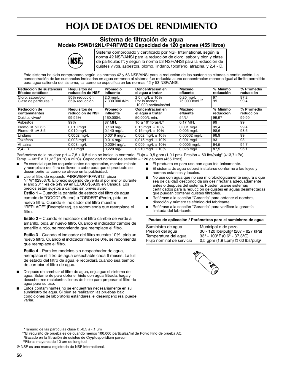 Hoja de datos del rendimiento, Sistema de filtración de agua | Maytag MFF2055DRM User Manual | Page 56 / 88