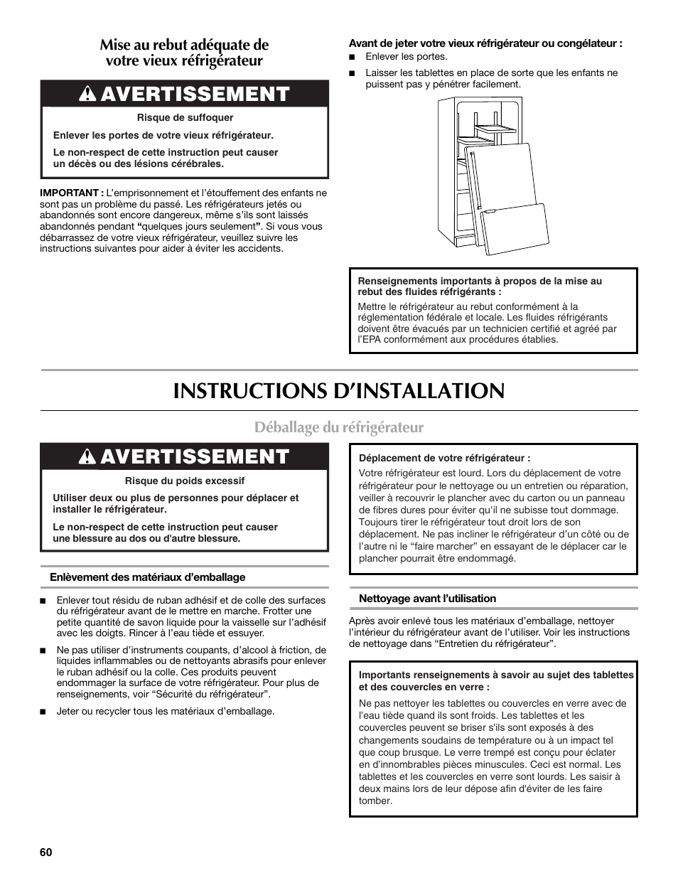Instructions d’installation, Avertissement, Déballage du réfrigérateur | Maytag MFF2055DRM User Manual | Page 60 / 88