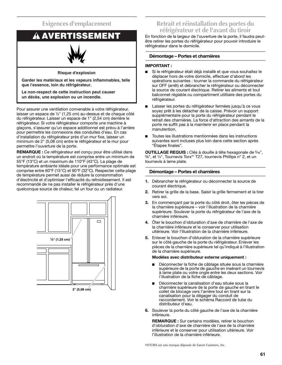 Avertissement, Exigences d'emplacement | Maytag MFF2055DRM User Manual | Page 61 / 88