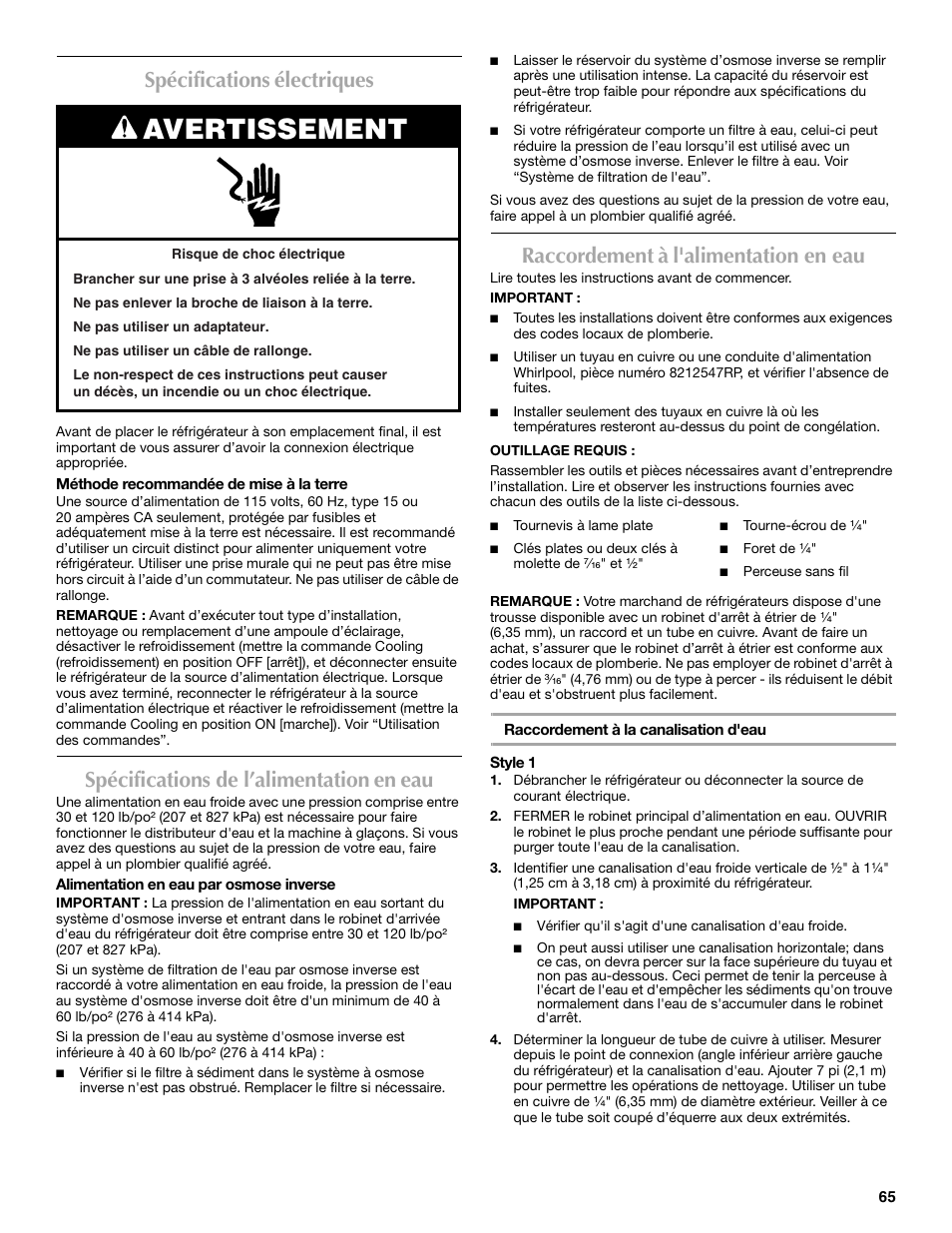 Avertissement, Spécifications électriques, Spécifications de l’alimentation en eau | Raccordement à l'alimentation en eau | Maytag MFF2055DRM User Manual | Page 65 / 88