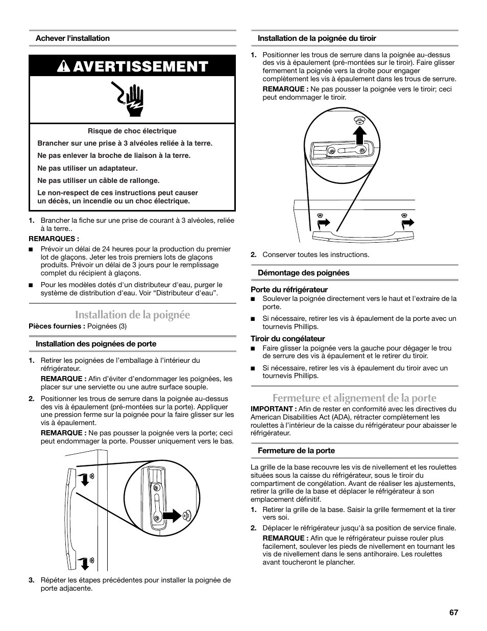 Avertissement, Installation de la poignée, Fermeture et alignement de la porte | Maytag MFF2055DRM User Manual | Page 67 / 88