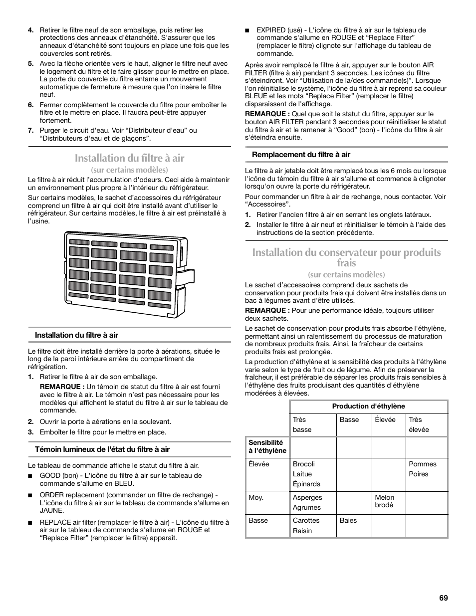 Installation du filtre à air, Installation du conservateur pour produits frais | Maytag MFF2055DRM User Manual | Page 69 / 88