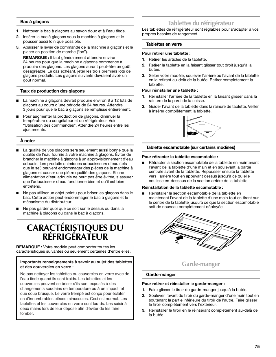 Caractéristiques du réfrigérateur, Tablettes du réfrigérateur, Garde-manger | Maytag MFF2055DRM User Manual | Page 75 / 88