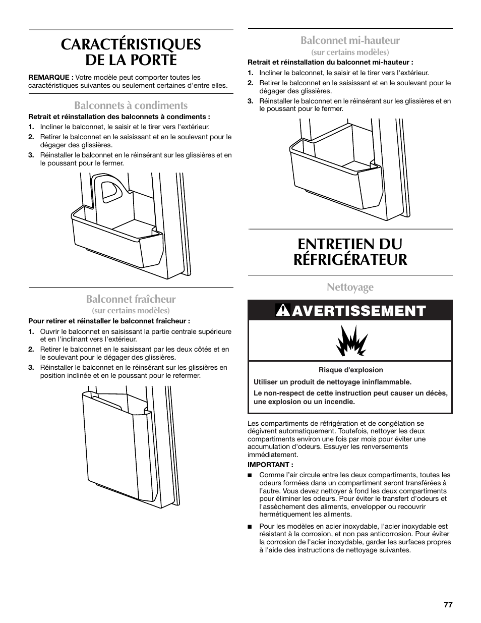 Caractéristiques de la porte, Entretien du réfrigérateur, Avertissement | Balconnets à condiments, Balconnet fraîcheur, Balconnet mi-hauteur, Nettoyage | Maytag MFF2055DRM User Manual | Page 77 / 88